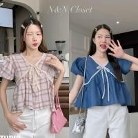 ราคา เสื้อคอวีแขนพอง แต่งลูกไม้ ผูกโบว์หน้า (28611893976)