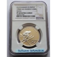 ราคา ตลับเกรด NGC PF69 Ultra Cameo Lillehammer Olympics 1994R San Marino S1000L Skiing เงินขัดเงา ผลิตปีเดียว (19579592968)