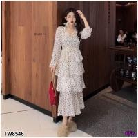 ราคา เดรสยาว ขนมชั้นแขนยาวลายจุด มีซับใน ติดกระดุมตรงอก รอบเอวยืดสม็อค (1950140410)