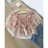 ราคา เสื้อแขนตุ๊กตาลายดอกสีชมพู แต่งระบายที่อก (29557612161)