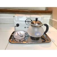 ราคา กาน้ำชาแก้วขุ่น แบบมีฝา และกรองชาหรือกาแฟ พร้อมถาดสแตนเลส และที่วางกระปุกน้ำตาล ยี่ห้อ Coral มือสองญี่ปุ่น (สภาพ 100%) (26700986208)