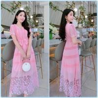 ราคา เดรสลูกไม้ทรงเจ้าหญิงงานปักดอก 3D สีชมพูสวยมาก ๆ (14461012382)