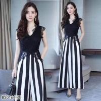 ราคา จั้มสูทขายาวลายริ้ว คอวีแขนกุดแต่งระบายลูกไม้ เนื้อผ้าโฟร์เวย์ ตัดต่อด้วยผ้าลูกไม้สีด (1858089787)