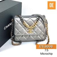 ราคา กระเป๋า New chanel flap 7.5“ rhw & ghw Metallic grey microchip (11646099908)