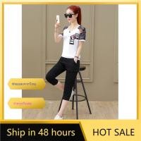 ราคา Sale!!ชุดเซต 2 ชิ้น（เสื้อ + กางเกง 5 ส่วน）เนื้อผ้าพริ้ว ลื่น เย็นสบาย แขนเสื้อตกแต่งซีทรูลายดอกลูกไม้ (6211200047)