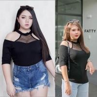 ราคา เสื้อเรย่อนแต่งตาข่ายเว้าแขนเปิดบ่าสาวอวบอ้วน (27172695761)