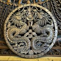 ราคา มังกรแกะสลัก งานไม้สัก มังกรคู่ แกะสลัก ทำสีวินเทจ รัศมี 60 cm. ไม้สักแท้ หนา 3 cm. Carving Wooden Dragon Wall Mounted (23090264969)