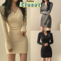 ราคา Closet เสื้อผ้าผู้หญิง ชุดเดรสคอวีไหมพรม แขนยาว ผ้าร่องรัดรูป "15CX12" -C (28154871469)