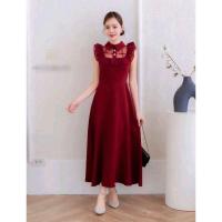 ราคา (S) พร้อมส่งชุดเดรสคอปกแขนกุดปักเลื่อมลายดอกสีแดง แต่งกระดุมหัวใจหน้า งานป้าย Chalita แท้ มือ1 ป้ายห้อย (28201295437)