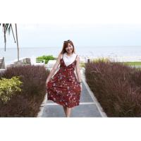 ราคา เดรสยาววินเทจ แขนกุด. สีแดงเลือดหมูลายดอก (1619283011)