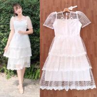 ราคา ส่งทุกวัน❗เดรสลูกไม้ขาว มี4สี!!! L-6XL Mini Dress เดรสสีขาวผ้าปักแต่งโบว์กระโปรงระบายชั้นๆ งานป้าย Love Love (4503687256)