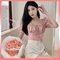ราคา เสื้อครอปปาดไหล่พร้อมส่ง มีเชือกผูกด้านหน้า แขนตุ๊กตา ผ้านิ่มสีชมพู - ป้าย ผ้านิ่มไม่บางมากใส่สบาย (18347287429)