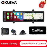 ราคา Ekleva 12 นิ้ว AHD 4K รถ Dash Cam กระจกมองหลัง 3 กล้องบันทึกวิดีโอสนับสนุน CarPlay WIFI การเชื่อมต่อบลูทูธรถ DVR (26870253636)