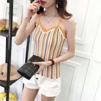ราคา เสื้อไหมพรมสายเดี่ยวลายริ้ว แต่งสายไขว้หลัง เนื้อผ้าไหมพรมยืด ใส่สบาย (1434005852)