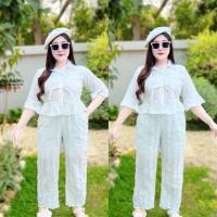 ราคา สาวอวบ ชุดเซ็ตสาวอวบ เซ็ตฉลุผูกอก แขนกระดิ่ง ลูกไม้ ขายาว งานบุญ งานบวช อก 36 38 40 42 44 (23555433272)