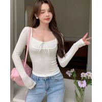 ราคา พร้อมส่ง เสื้อยืดแขนยาวสีขาว มีโบว์ตกแต่งลูกไม้คอกลม (26586205895)