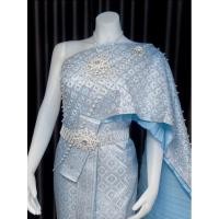 ราคา ชุดไทยจักรีสีฟ้า ชุดไทยเจ้าสาวสีเงินสว่าง ชุดไทยสวยๆ ไหมแท้ (28557969668)