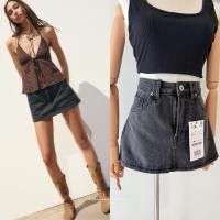 ราคา Stradivarius D62 DENIM SKORT กระโปรงกางเกงยีนส์ สีดำฟอก แท้ (41202164323)