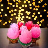 ราคา เทียนดอกบัว ดอกบัวคู่ หลายสี เทียนหอม บนพานเล็ก ชุด 2 พาน size 7x8 cm วางหิ้งพระ โต๊ะทำงาน ไหว้พระ ไหว้แม่อุมา แม่ลักษมี (22782976637)