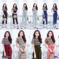 ราคา PE7913 Jumpsuit ชุดจั้มสูทขายาว แขนสั้น งานลูกไม้ลายมงกุฏตัดต่อเป็นทรงคอป (3106873007)