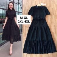 ราคา เดรส เดรสดำออกงาน!!! M-4XL Dress เดรสดำแขนสั้นผ้าลูกไม้ฉลุ+สายผูกเอว งานป้าย Love Love (8666598158)