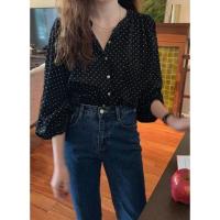 ราคา เสื้อเชิ้ต แขนยาว ผ้าชีฟอง ลายจุด สีดำ ไซส์2XL (23466716715)
