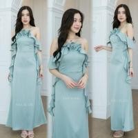 ราคา เดรสยาว ออกงาน สีเขียวมิ้นท์ ผ้าเครปซาติน (29423910479)