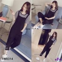 ราคา ชุดเซทผู้หญิง | Set 2 ชิ้น เอี๊ยมกางเกงขายาว+เสื้อแขนสั้นลายริ้ว (0314) (476462881)