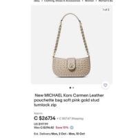 ราคา (New-แท้ จากช้อปอเมริกามีใบเดียวพร้อมส่ง) New MICHAEL kors Carmen Leather pouchette bag soft pink gold stud turnlock zip (20951084898)