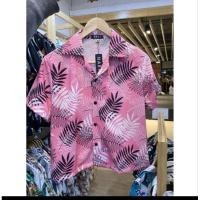 ราคา เสื้อฮาวายผู้หญิงแขนสั้น ลายใบมะขามสีชมพู ปกฮาวาย ทรงเบสิค (21583335293)