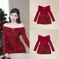 ราคา Miralyn Set 2 ชิ้น เสื้อปาดไหล่แขนยาวสีแด งกระดุมโบว์เพชรช กระโปรงเพชรสีแดงวิ้งๆงานซิปหลังมีซับกางเกง (29474262036)