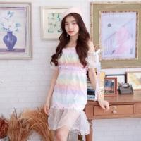 ราคา เดรสปาดไหล่ผ้าครอบมุ้ง ทรงน่ารัก งานสวย งานป้าย แบรนด์ Macaron (มี 5 ลาย) (1803349907)