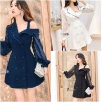 ราคา เดรสปกสูทแฟชั่น เปิดไหล่ แต่งแขนชีฟอง ติดกระดุมผ่าหน้า สีกรม สีขาว สีดำพร้อมส่ง (29254831633)