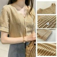 ราคา เสื้อเชิ้ตคอวี แขนสั้น ลายสก็อต แฟชั่นสำหรับสตรี (2807635884)
