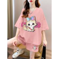 ราคา แม้ว แม้ว ผ้าฝ้ายแขนสั้นคอกลมชุดวอร์มสองชิ้น (กางเกงไม่มีกระเป๋า) (26088820702)