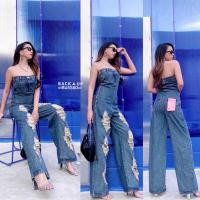 ราคา จั้มสูทเกาะอกยีนส์ หลังสม๊อคขากระบอก (ผ้ายีนส์ไม่ยืด)แต่งขาดเซอร์ๆ หน้าขาแต่งขาด 3 แถว แต่งซิปยาวด้านข้าง (21229194514)