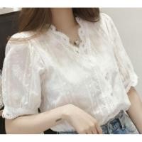 ราคา เสื้อคอวี สีขาว แขนชายลูกไม้ (3441509589)