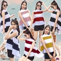 ราคา S1133 Set 2ชิ้น เสื้อแขนกุดลายทาง หน้าสั้น-หลังยาว หางปลา +กางเกงขาสั้น พร้อมส่งในไทย (6306470278)