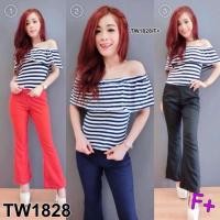 ราคา SS1828 Shirt เซทเสื้อทรงระบายเปิดไหล่ ลายริ้ว กับกางเกงขายาวทรงขาม้า (4311384076)