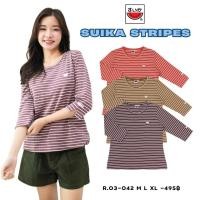ราคา เสื้อแตงโม (SUIKA) - เสื้อแตงโม ริ้วคอกลมแขนสามส่วน ปักแตงโมตรงอก R.O3-042 (25941375299)