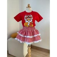 ราคา ชุดตรุษจีนเด็ก เสื้อยืดสีแดง กระโปรงลายสก็อต (25390319390)