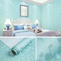 ราคา วอลเปเปอร์สติ๊กเกอร์ติดผนังสีฟ้าธรรมดาลายใบไม้ (24443807613)