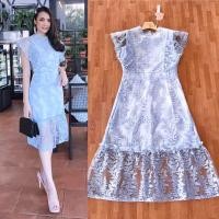 ราคา เดรสลูกไม้ฟ้า!!! L-4XL Mini Dress เดรสสีฟ้าผ้าปักลูกไม้แขนระบาย งานป้าย Love Love (16420704070)