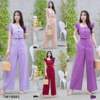 ราคา J18985 set 2 ชิ้น เสื้อครอปแขนระบาย + กางเกงเอวสูงขากระบอก Set of 2 pieces: crop top + high waisted, straight leg pants. (24250365099)