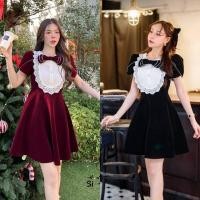 ราคา เดรสสั้น ผ้ากำมะหยี่ แต่งโบว์หน้า งานป้าย si-am สีดำ สีแดง (27172835152)