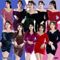 ราคา 10898 Dress เดรสกำมะหยี่แขนยาว จับจีบเว้าอก แต่งชายกระโปรงไขว้ เนื้อผ้ากำมะหยี่ ซิปหลังยาว (24118690870)