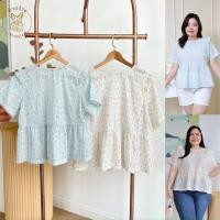 ราคา S490-0072 เสื้อปักฉลุ ลายดอก ตัวกว้าง ผ้า Cotton พิมพ์ลาย ปักฉลุ แต่งระบายไหล่ ตัดต่อช่วงเอว เสื้อคอตตอนปักฉลุพลัสไซส์ (42211472378)