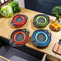 ราคา ตะกร้าระบายน้ำทรงกลมพับได้ ตะกร้าผลไม้พับได้ สีฟ้า ชุด ​​2 ชิ้น ตะกร้าผลไม้ (24284456681)