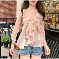 ราคา เสื้อชีฟอง แขนยาว ผูกโบว์ พิมพ์ลายดอกไม้ สีชมพู สําหรับผู้หญิง (24784910429)