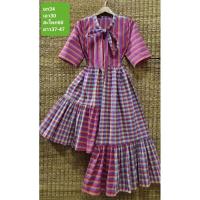 ราคา เดรสผ้าขาวม้า สีชมพู สไตล์เก๋ มัดโบว์คอ สม๊อคหลัง (24409016365)